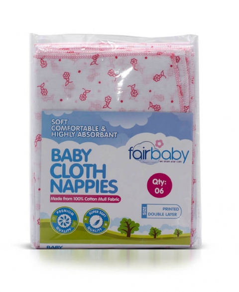 Fair Baby Nappy Printed 18x18 With Colour Edging  6pcs Pack